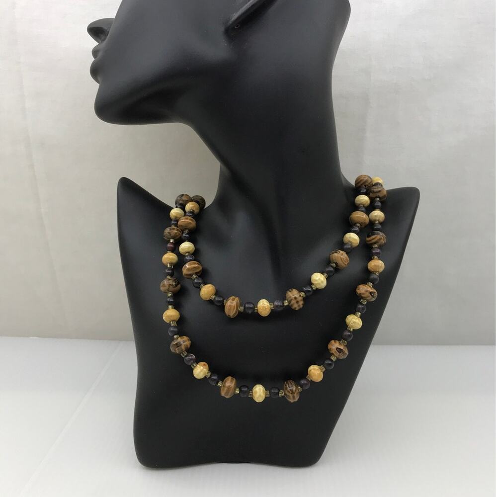 Bobo Western Earth Toned Oval Beaded Long Strand Statement Necklace 48”